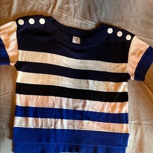 CAbi Blue and White Striped Crew Neck Sweater